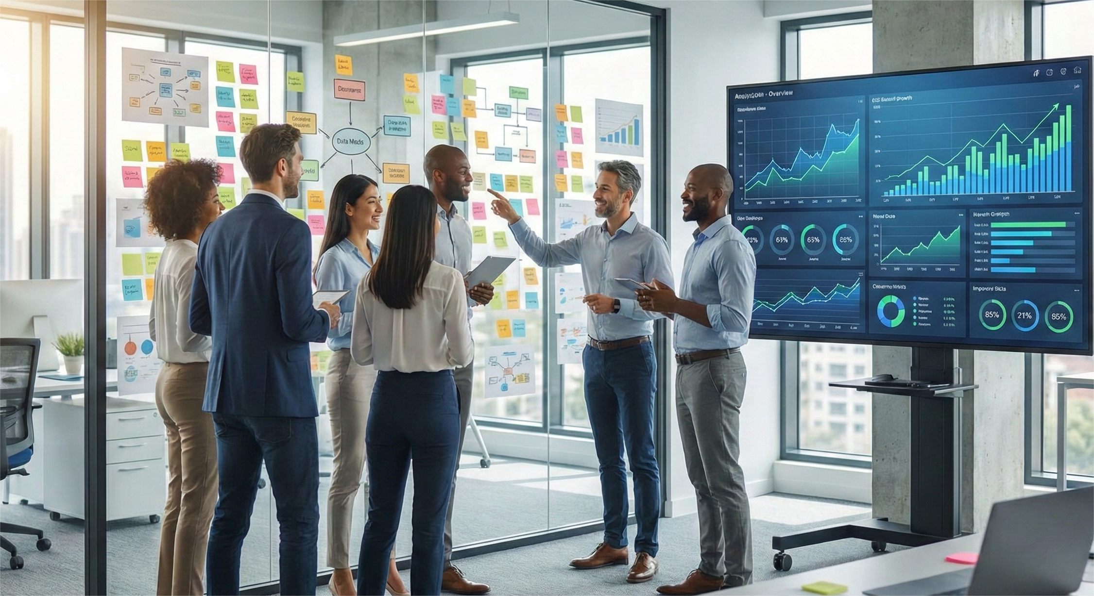A diverse team of six professionals is collaborating in a bright, modern office. In the center, several team members are analyzing a glass partition covered in colorful sticky notes arranged in a strategic flowchart. To the right, a large digital display shows vibrant real-time data visualizations, including upward-trending growth charts and analytics. The setting is high-tech and professional, featuring large windows and sleek office furniture.