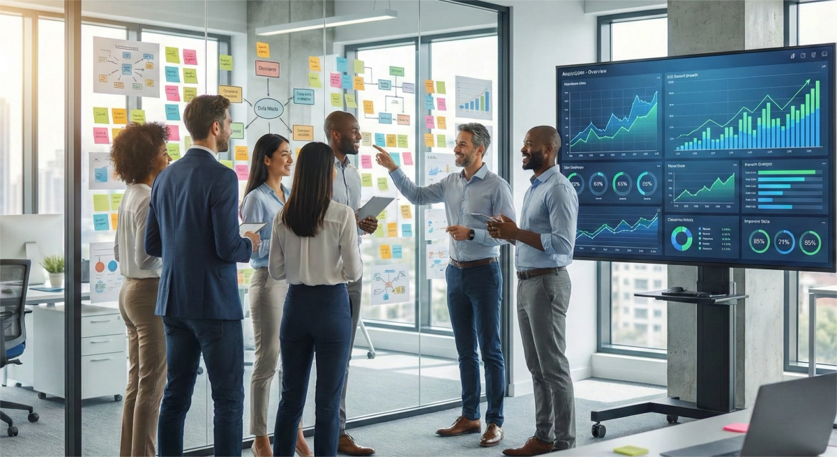 A diverse team of six professionals is collaborating in a bright, modern office. In the center, several team members are analyzing a glass partition covered in colorful sticky notes arranged in a strategic flowchart. To the right, a large digital display shows vibrant real-time data visualizations, including upward-trending growth charts and analytics. The setting is high-tech and professional, featuring large windows and sleek office furniture.