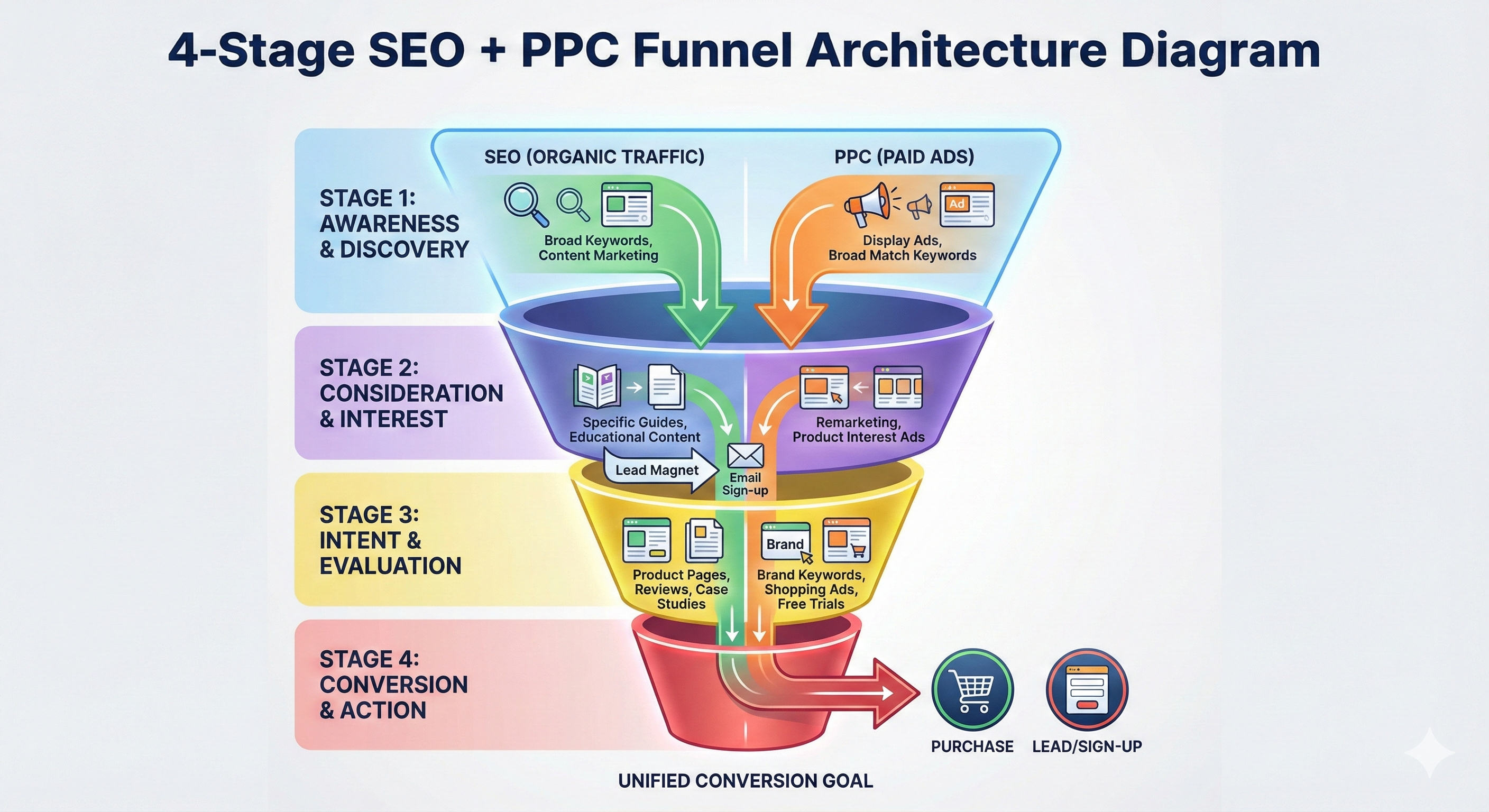 4-Stage SEO + PPC Funnel Architecture Diagram