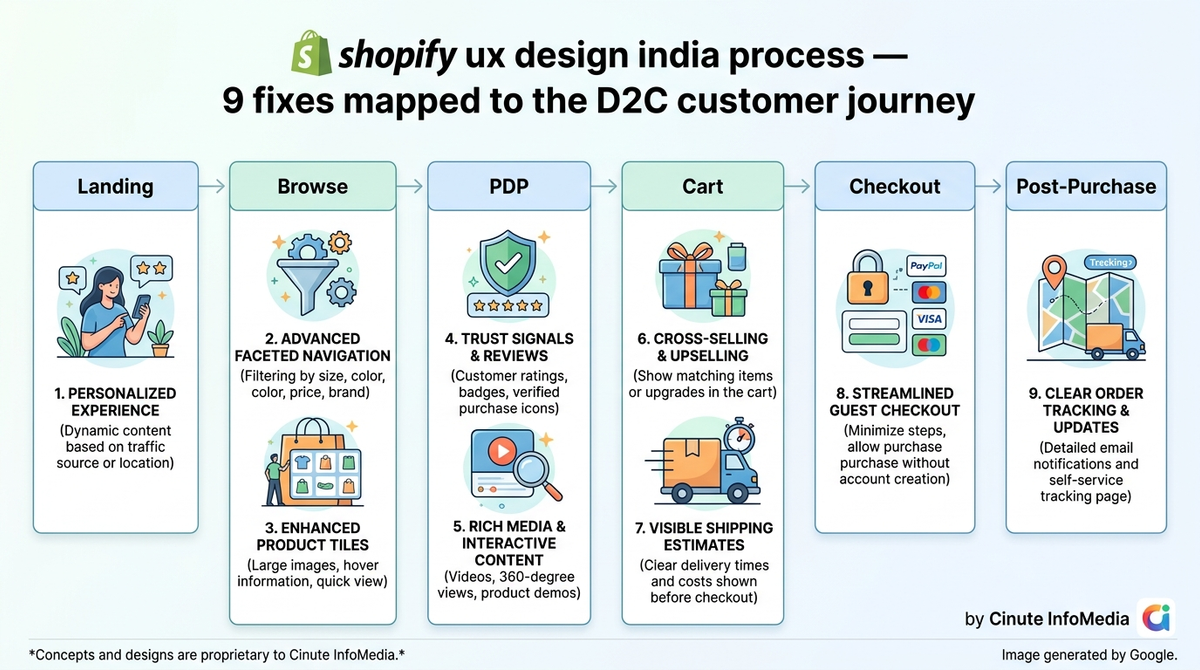 Shopify UX design India process 9 fixes mapped across Landing, Browse, PDP, Cart, Checkout, and Post-Purchase stages by Cinute InfoMedia.