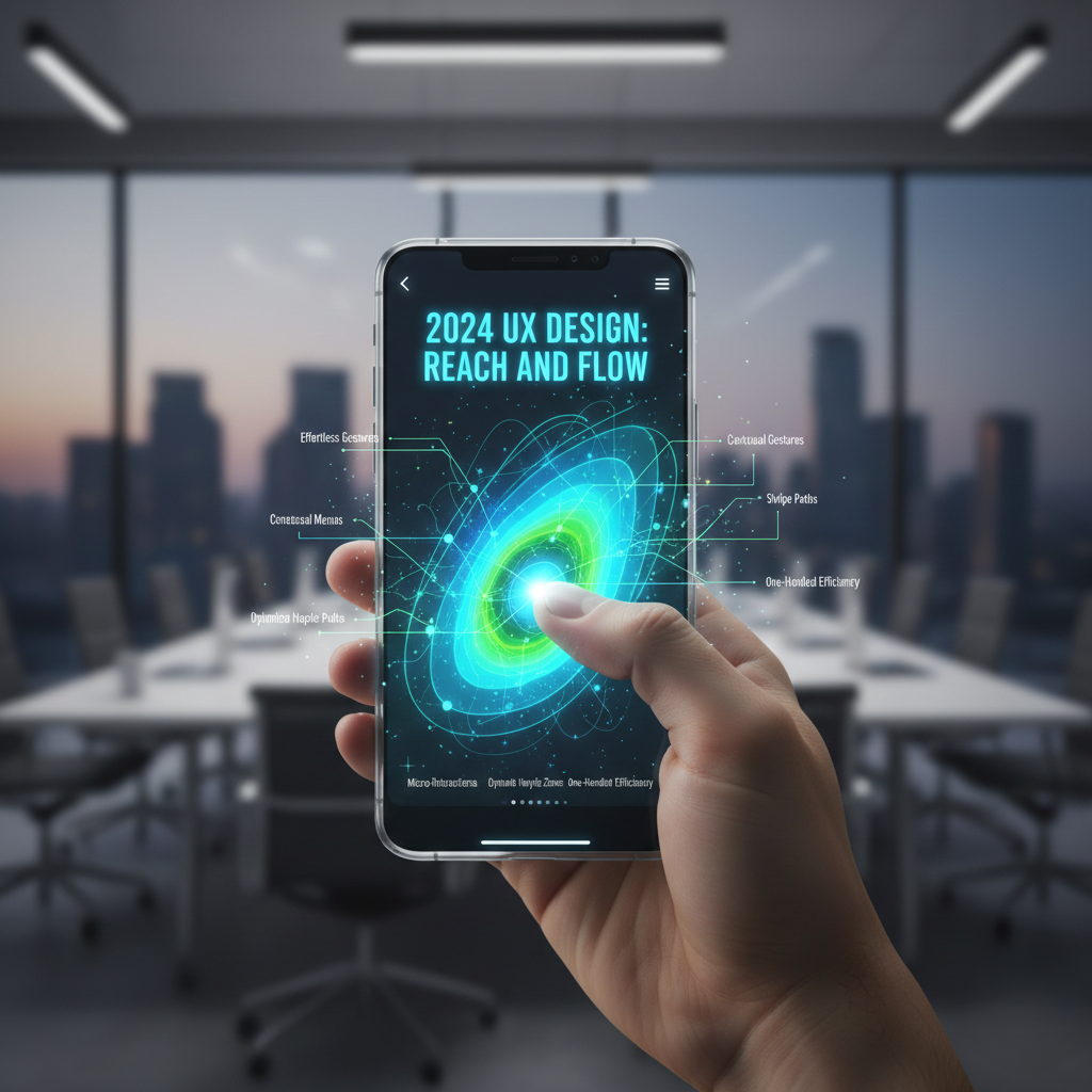A high-resolution 1980x1080 visualization of a 2026 mobile UX thumb-zone heat map on a modern smartphone, showing optimal touch areas for gesture navigation in an office setting.
