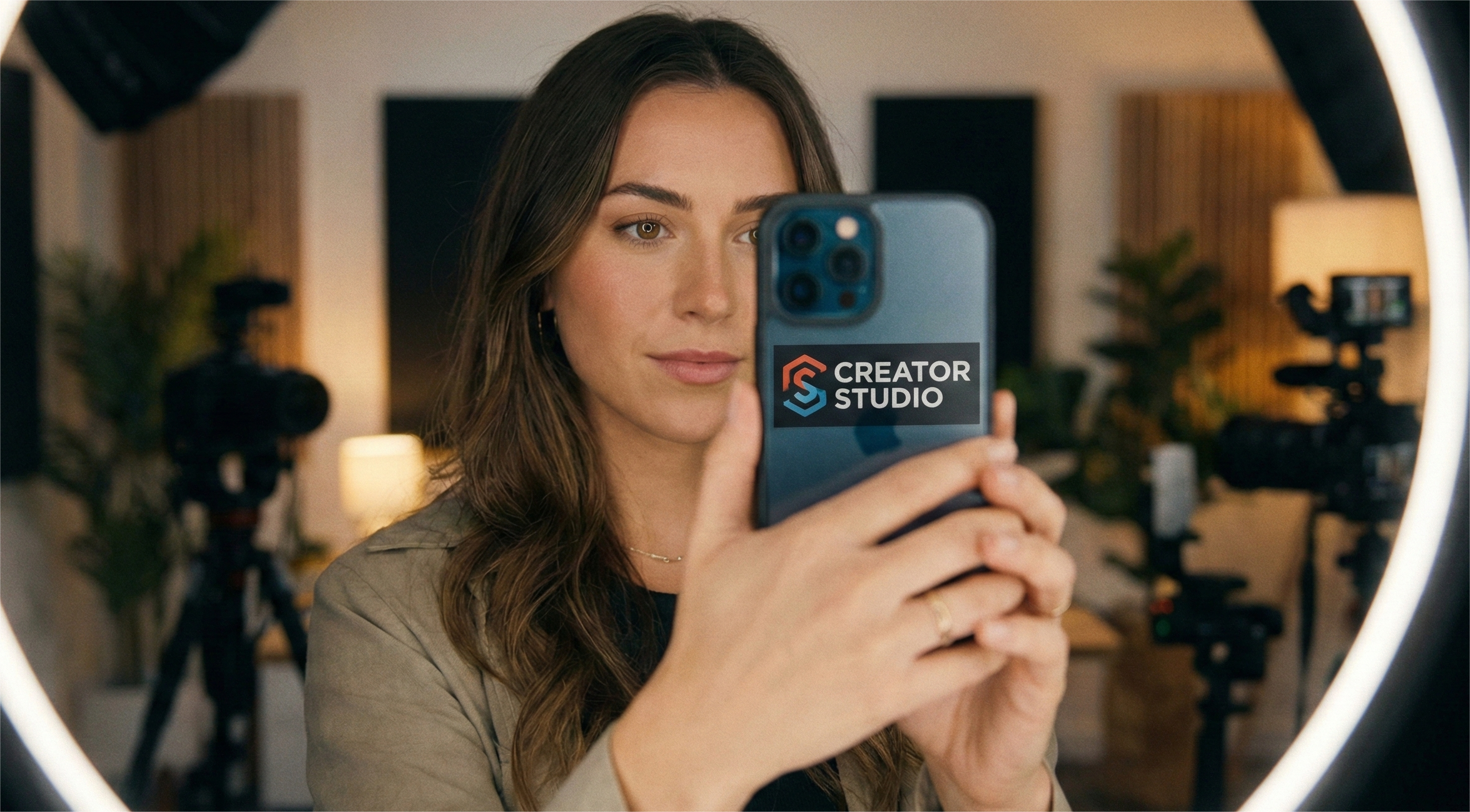 A female content creator holds up a smartphone displaying the "CREATOR STUDIO" logo on its case, looking towards the phone screen. The shot is framed through a large, illuminated LED ring light, with professional camera equipment, softbox lighting, and acoustic panels blurred in the studio background.