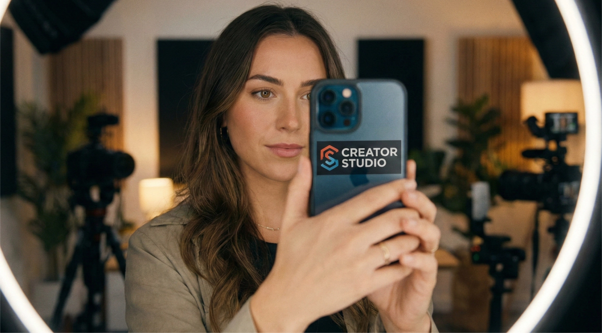 A female content creator holds up a smartphone displaying the "CREATOR STUDIO" logo on its case, looking towards the phone screen. The shot is framed through a large, illuminated LED ring light, with professional camera equipment, softbox lighting, and acoustic panels blurred in the studio background.