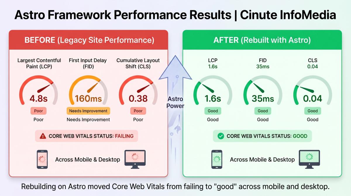Core Web Vitals improvement achieved with Astro framework  Cinute InfoMedia case study