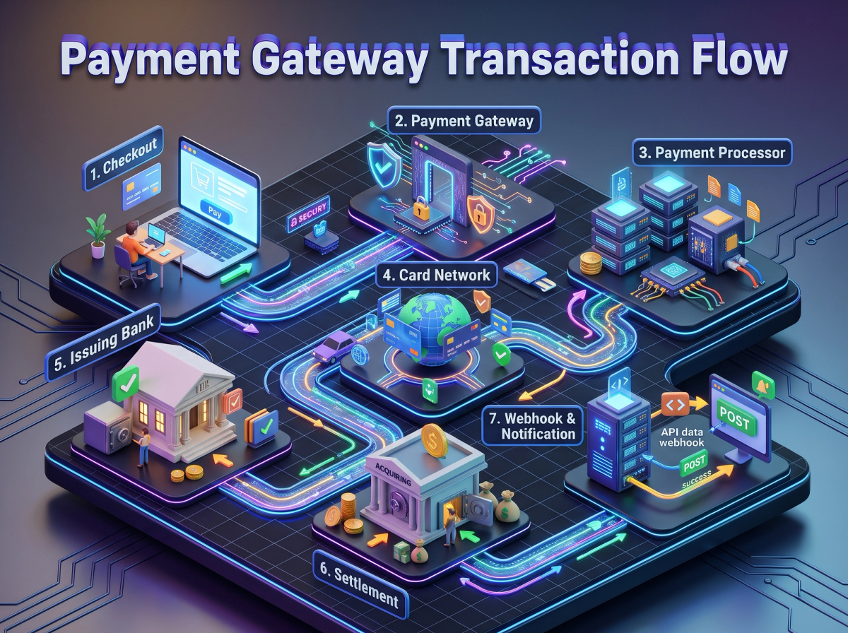 Seven-step flow of a payment from checkout to settlement and webhook