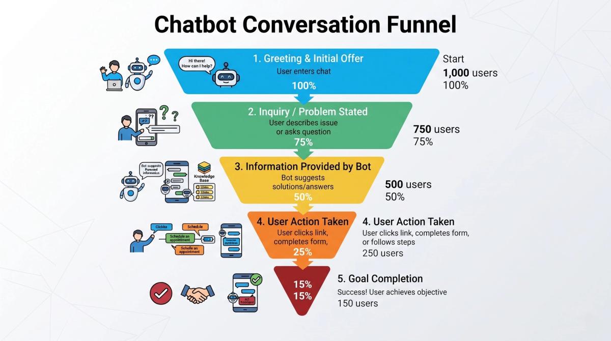 Chatbot conversation funnel chart showing user drop-off from greeting to goal completion