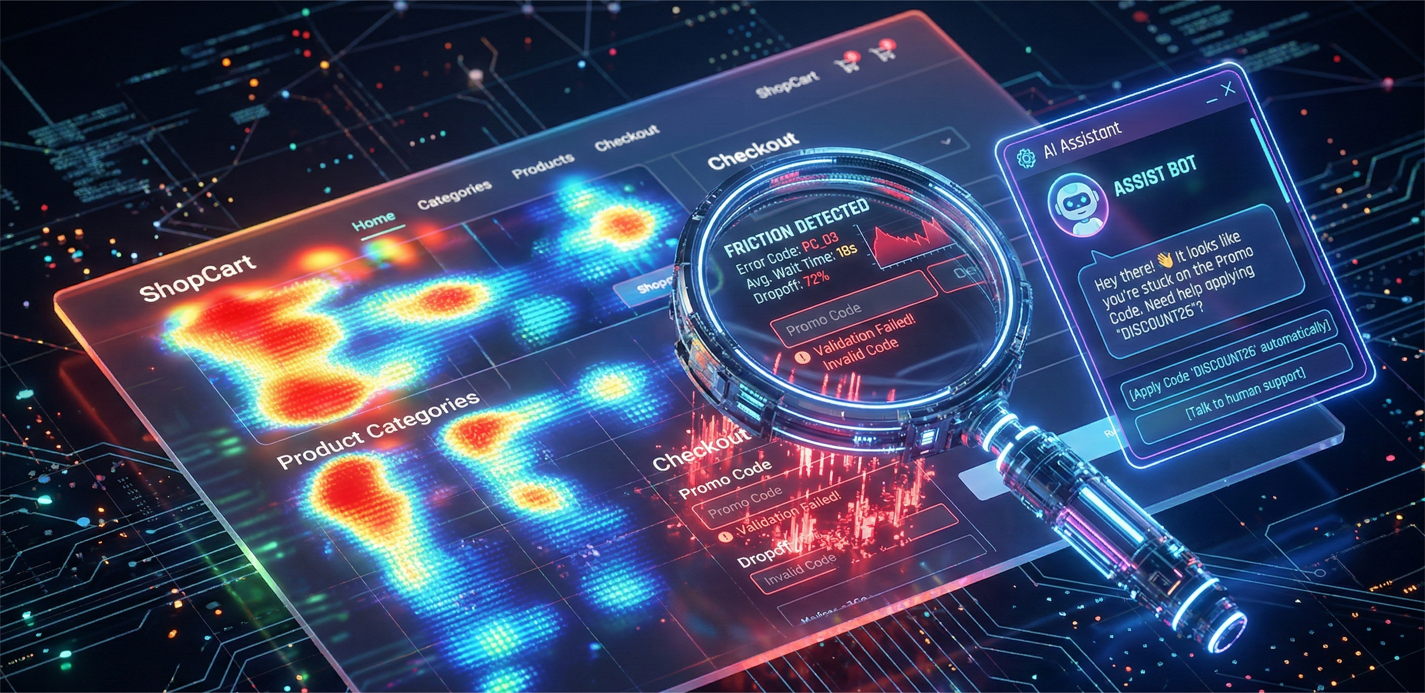 A 3D isometric visualization of a website heatmap where glowing red and orange pulses represent intense user activity. A futuristic digital magnifying glass hovers over a checkout "Promo Code" field, displaying a red "FRICTION DETECTED" alert due to a validation error. Next to the magnifying glass, a glowing blue chatbot window titled "ASSIST BOT" pops up with a personalized message offering to help the user apply a specific discount code. The entire scene is set against a dark, tech-forward background of glowing circuit patterns and data nodes.