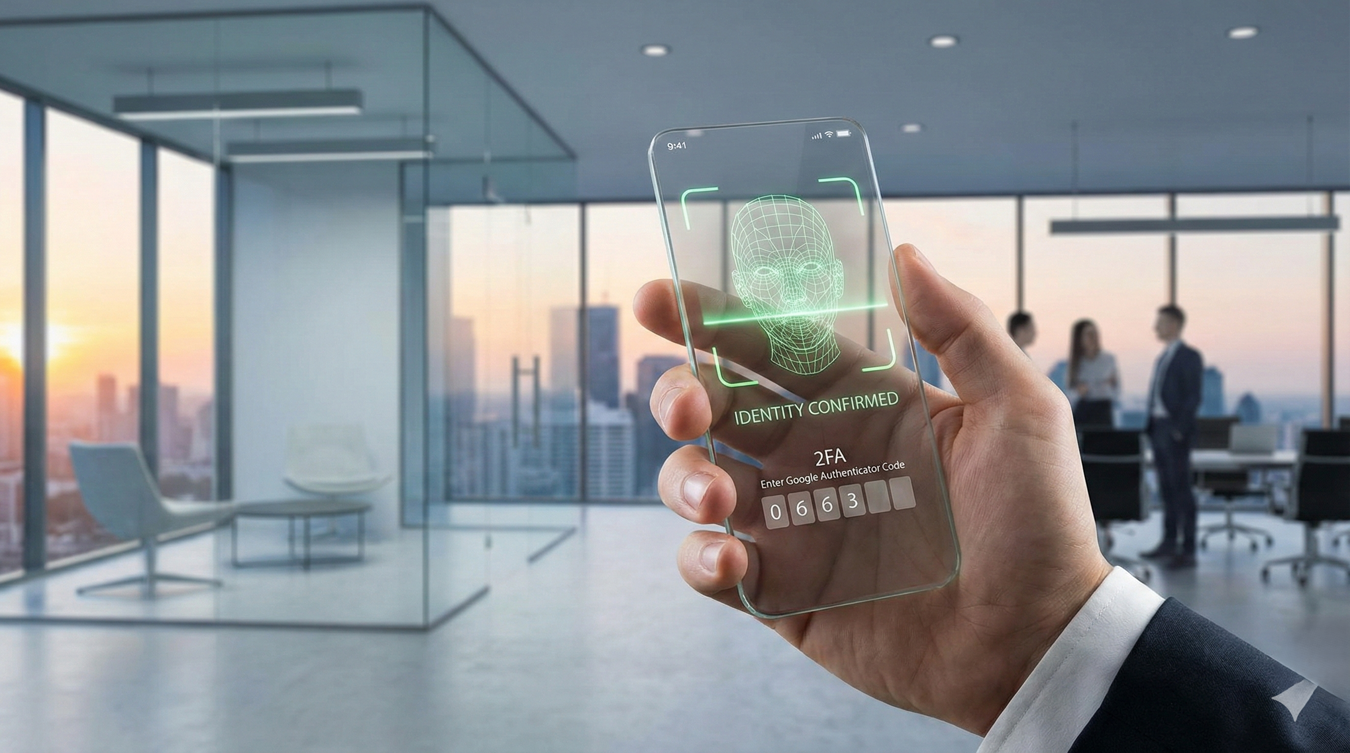A hand in a business suit holds a transparent smartphone displaying a green wireframe face scan with the text "IDENTITY CONFIRMED". Below the face scan, a 2FA prompt reads "Enter Google Authenticator Code" with the digits "0 6 6 3" entered. The background is a modern, glass-walled office with colleagues and a sunset city skyline view.