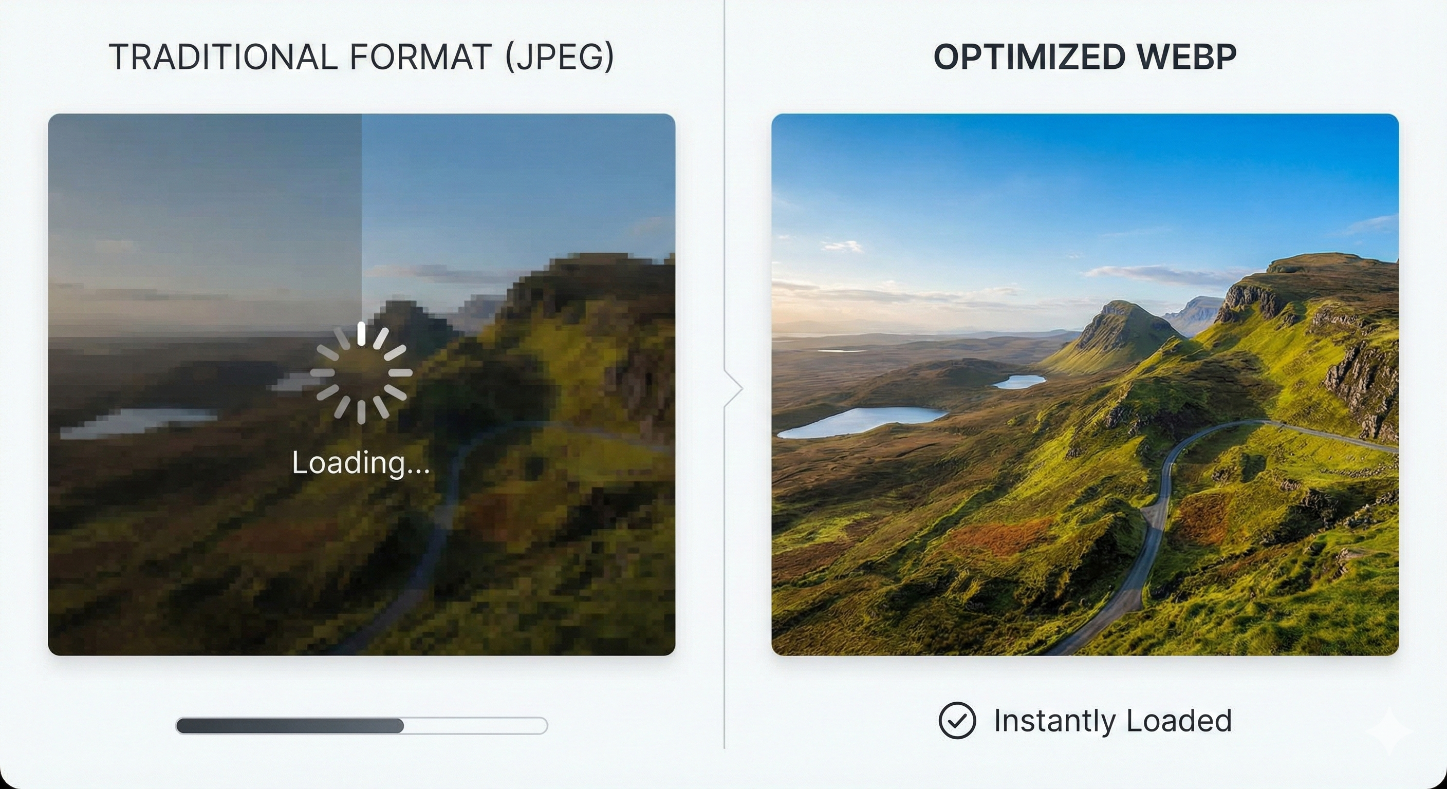 A side-by-side comparison infographic. On the left, under "TRADITIONAL FORMAT (JPEG)," a pixelated landscape image is shown with a loading spinner and a progress bar below it. On the right, under "OPTIMIZED WEBP," the same landscape image is clear and sharp, with a checkmark and the text "Instantly Loaded" below it.