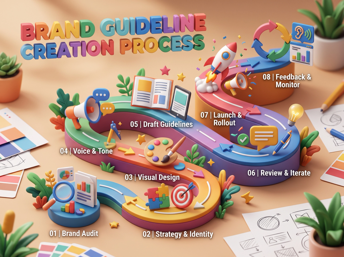 Eight-step brand guideline creation process from audit to launch and feedback