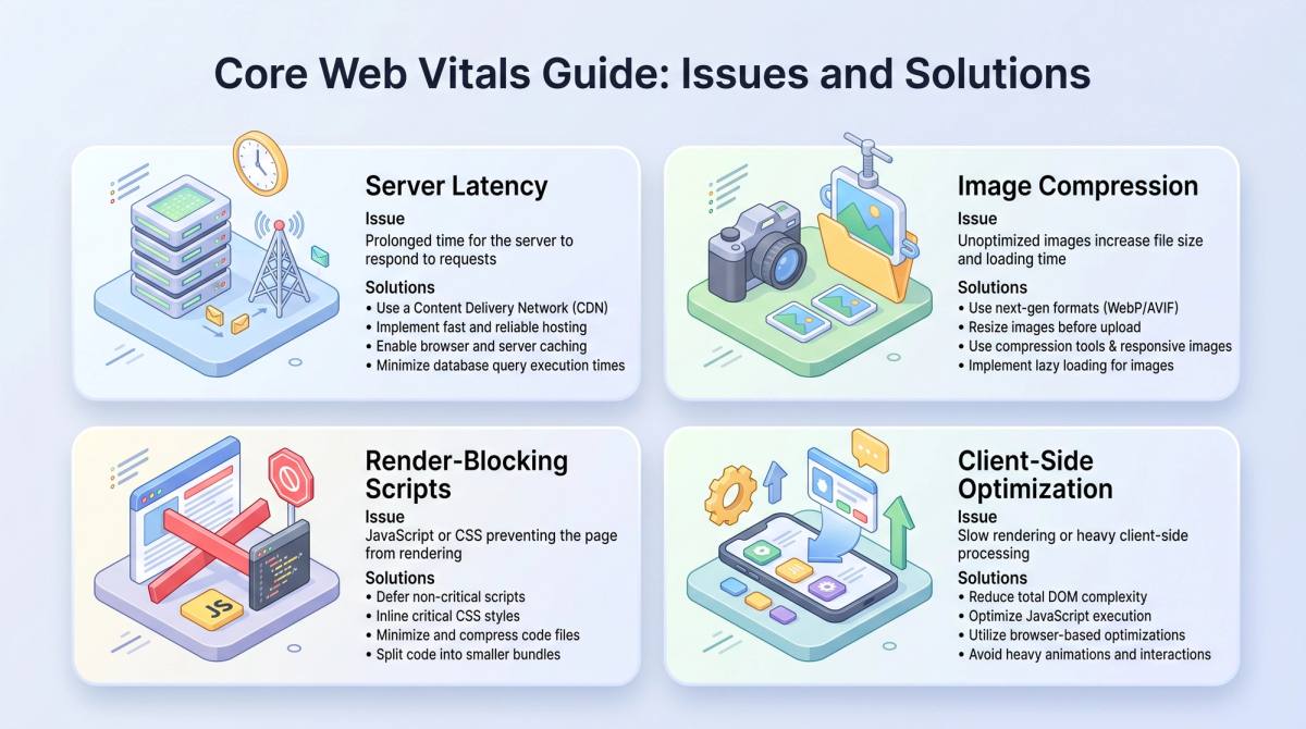 Guide showing common Web Vitals problems: slow servers, unoptimized images, and technical solutions