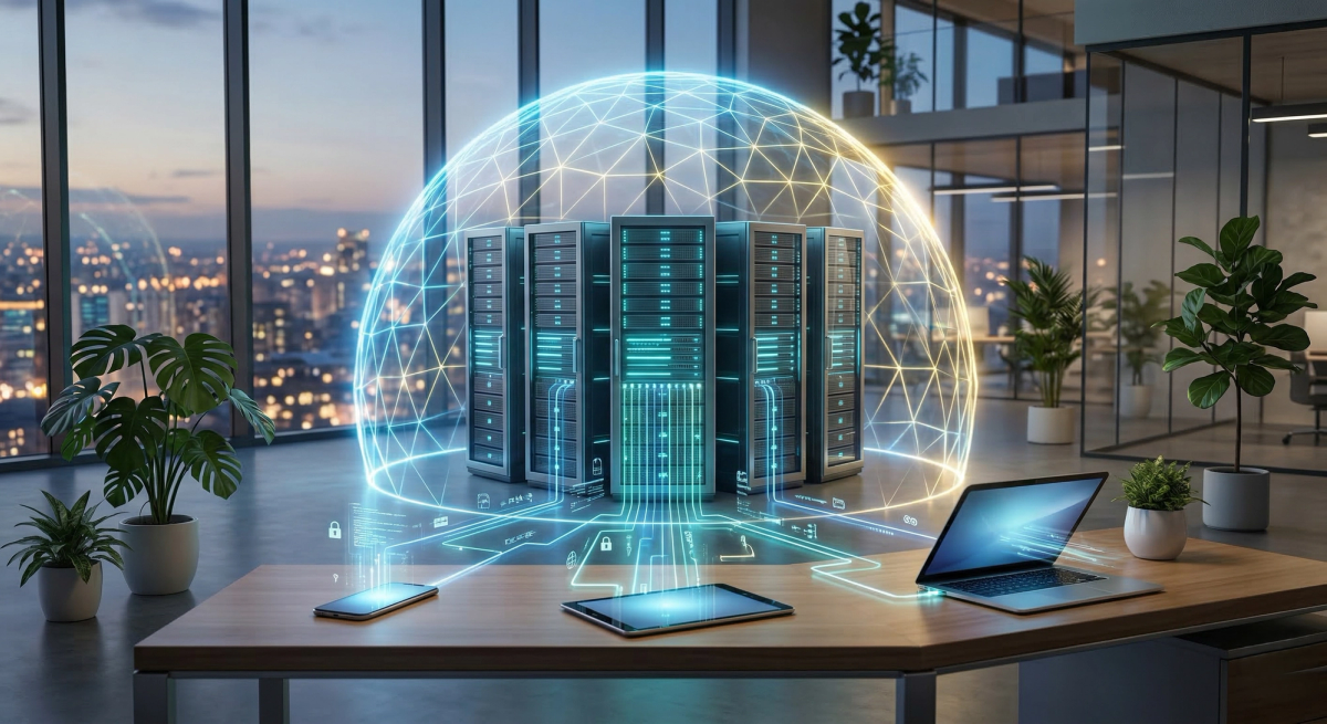 Conceptual illustration showing a glowing shield protecting a central cloud database (Sanity Content Lake) with secure API connections to multiple devices.