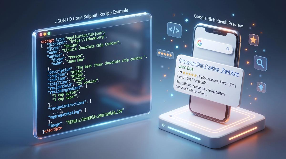 JSON-LD schema markup code snippet next to a Google rich result preview