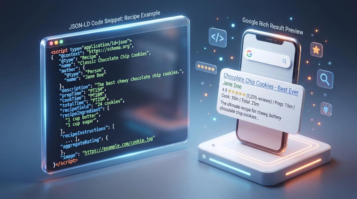 JSON-LD schema markup code snippet next to a Google rich result preview