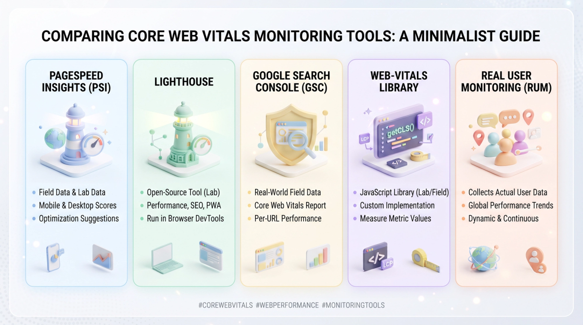 Comparison table of five monitoring tools: PageSpeed Insights, Lighthouse, Search Console, WebVitals library, and Real User Monitoring platforms