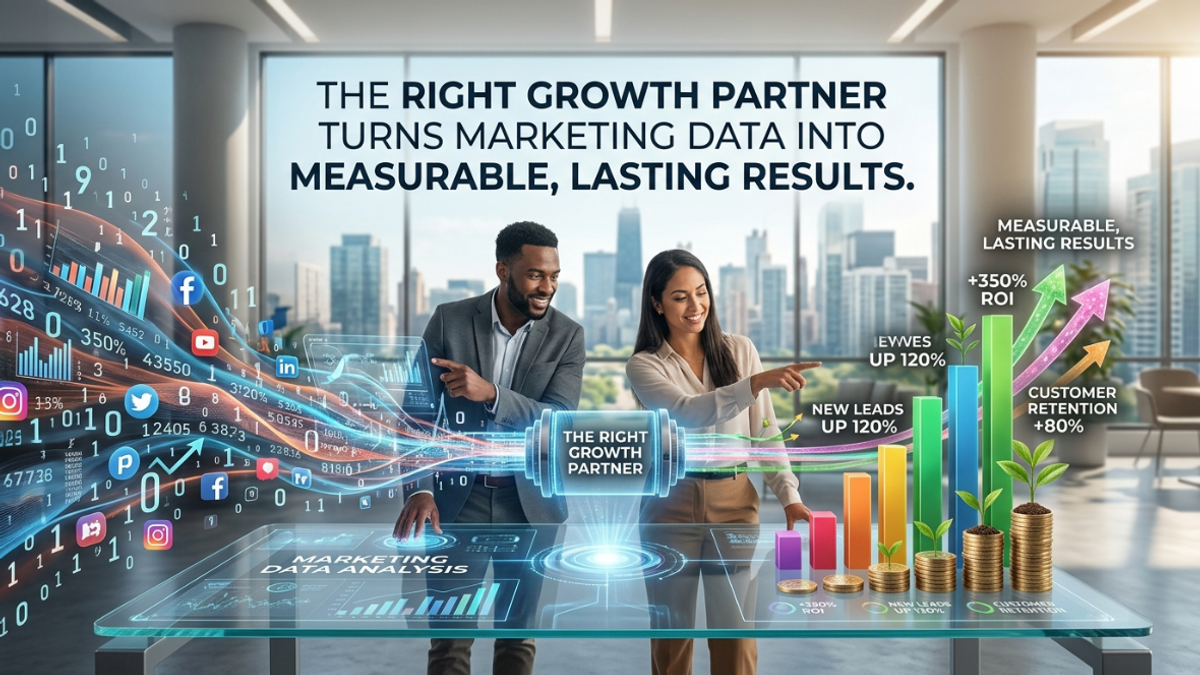 A digital marketing banner featuring a male and female professional interacting with a futuristic, glowing touchscreen table labeled "Marketing Data Analysis" in a modern high-rise office overlooking a city skyline. The top header reads: "The Right Growth Partner Turns Marketing Data Into Measurable, Lasting Results." On the left, raw data streams containing binary code, charts, and social media icons (Facebook, YouTube, LinkedIn, Twitter, Pinterest, Instagram) channel into a central glowing mechanism labeled "The Right Growth Partner." On the right, the filtered data emerges as a rising bar chart with growing plants, showing metrics like "New Leads Up 120%", "+350% ROI", and "Customer Retention +80%" pointing toward upward green growth arrows.