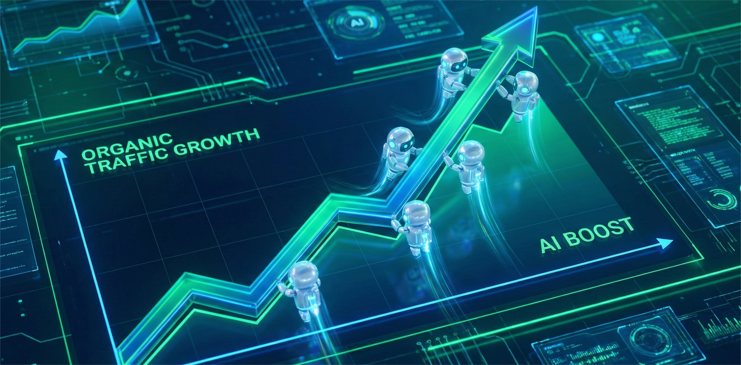 A sleek 3D digital render of a line graph showing a sharp upward trend labeled "ORGANIC TRAFFIC GROWTH." Several small, glowing AI robots are seen physically lifting and supporting the neon green growth line, pushing it higher. The background features a dark, high-tech interface with vibrant green and blue cinematic lighting and the text "AI BOOST."