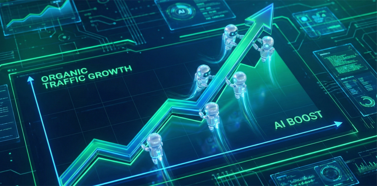 A sleek 3D digital render of a line graph showing a sharp upward trend labeled "ORGANIC TRAFFIC GROWTH." Several small, glowing AI robots are seen physically lifting and supporting the neon green growth line, pushing it higher. The background features a dark, high-tech interface with vibrant green and blue cinematic lighting and the text "AI BOOST."