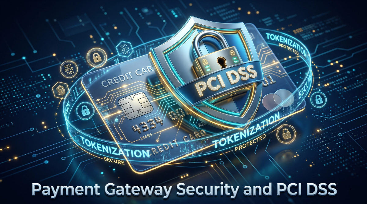 Shield and lock icon over a card payment showing PCI DSS and tokenization protection