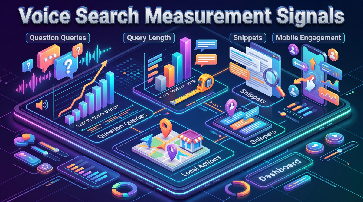 Dashboard showing question queries, query length, snippets, local actions and mobile engagement