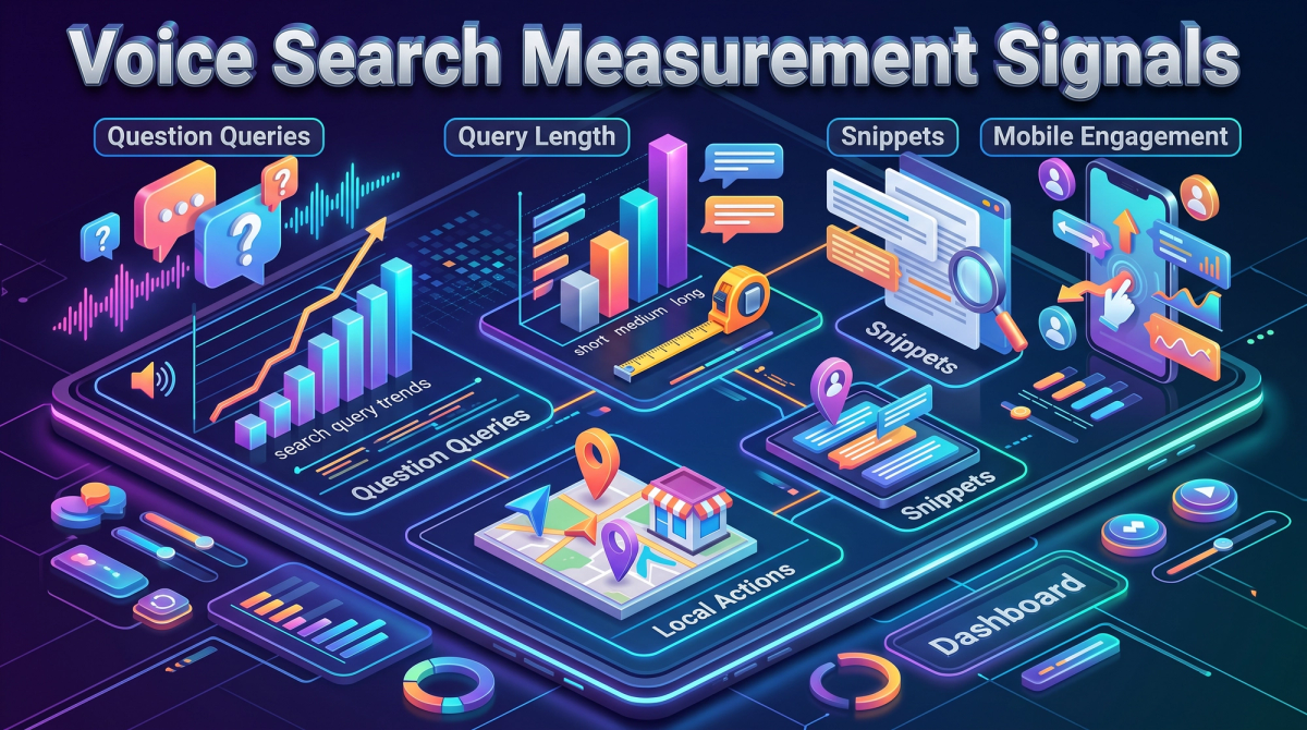 Dashboard showing question queries, query length, snippets, local actions and mobile engagement