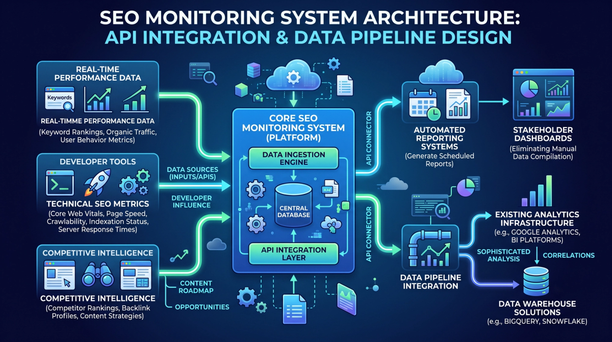Architecture diagram showing SEO monitoring system with API connectors to ranking tools, analytics platforms, databases, and automated reporting systems in a technical stack