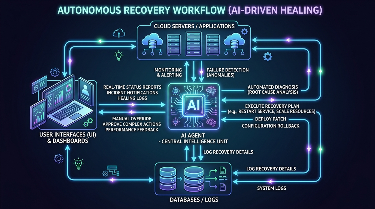Diagram showing an AI agent managing an autonomous recovery workflow.