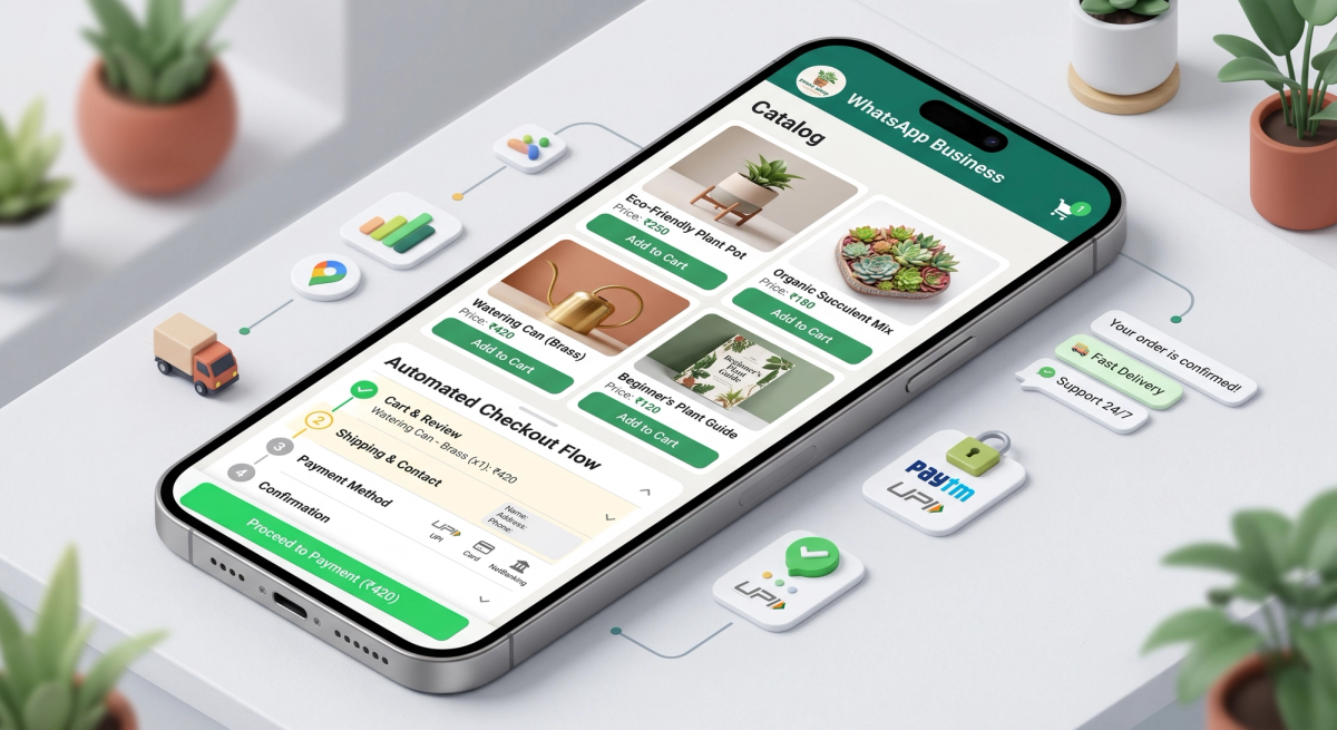 WhatsApp catalog screen showing products and an automated checkout flow