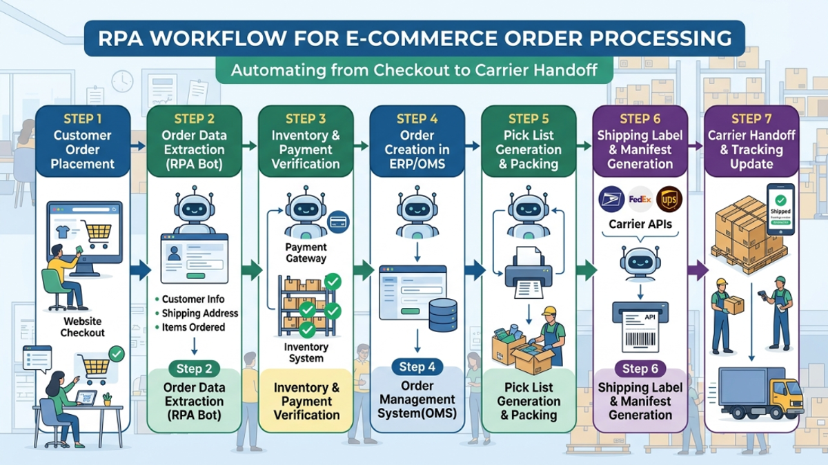 Infographic mapping a 7-step RPA workflow for e-commerce order processing from website checkout to carrier handoff.
