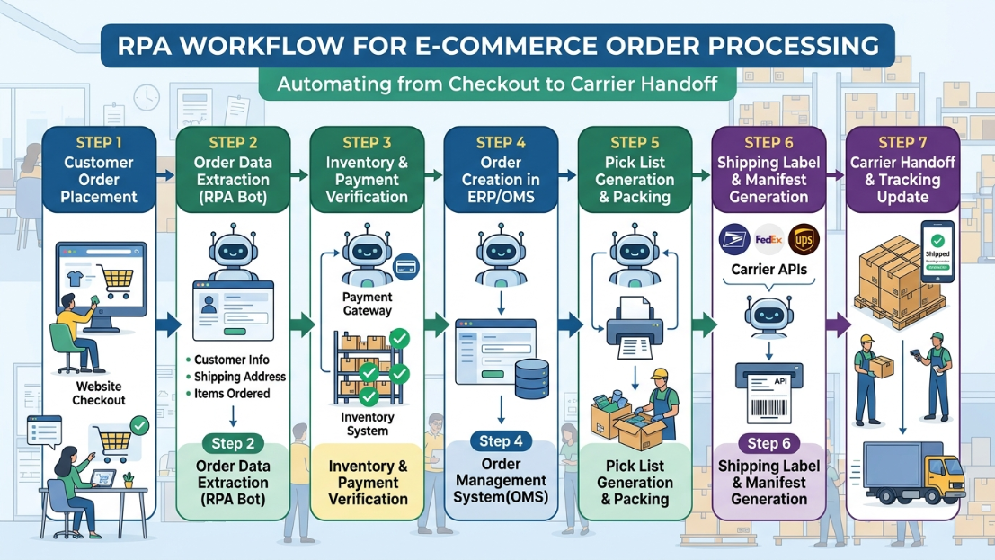 Infographic mapping a 7-step RPA workflow for e-commerce order processing from website checkout to carrier handoff.