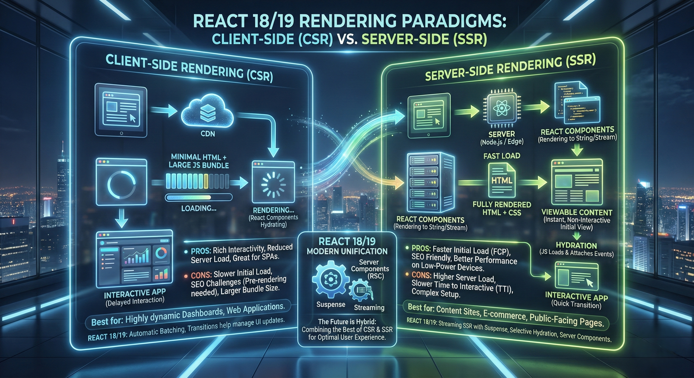 A futuristic, glowing infographic titled "REACT 18/19 RENDERING PARADIGMS: CLIENT-SIDE (CSR) VS. SERVER-SIDE (SSR)" is presented on a split-screen display against a night city skyline. The left side, in blue, details "CLIENT-SIDE RENDERING (CSR)," showing a flow from a user request to a CDN, downloading a "MINIMAL HTML + LARGE JS BUNDLE," followed by a "LOADING..." and "RENDERING..." phase on the client before becoming a fully "INTERACTIVE APP." It lists pros like "Rich Interactivity" and cons like "Slower Initial Load, SEO Challenges." The right side, in green, details "SERVER-SIDE RENDERING (SSR)," showing a flow from a user request to a "SERVER (Node.js / Edge)," rendering "REACT COMPONENTS," and sending "FULLY RENDERED HTML + CSS" for a "FAST LOAD" and instant "VIEWABLE CONTENT," followed by "HYDRATION" to become an "INTERACTIVE APP." It lists pros like "Faster Initial Load (FCP), SEO Friendly" and cons like "Higher Server Load, Complex Setup." The center section, "REACT 18/19 MODERN UNIFICATION," highlights hybrid features like "Server Components (RSC)," "Suspense," and "Streaming," with the text "The Future is Hybrid: Combining the Best of CSR & SSR for Optimal User Experience."