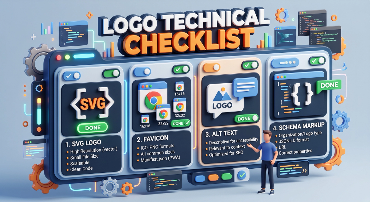 Developer checklist for logo files covering SVG, favicon, alt text and schema markup