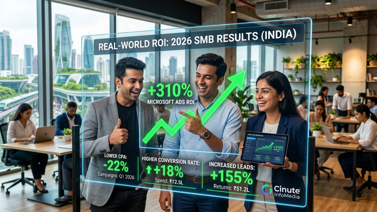 An SEO data visualization image titled 'REAL-WORLD ROI: 2026 SMB RESULTS (INDIA)' by Cinute InfoMedia. The graphic features three professionals in a modern Mumbai office looking at a transparent glass digital dashboard showing impressive marketing performance metrics: Average Microsoft Ads ROI at +310%, Lower Cost Per Acquisition (CPA) at -22%, Increased Conversion Rate at +18%, and Growth in New Leads at +155%. The data is displayed in bright green fonts with corresponding bar and line graphs, with the Cinute InfoMedia logo in the bottom right corner.