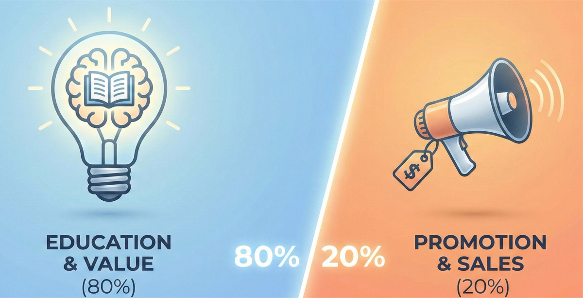 A modern split-screen infographic illustrating the 80/20 content marketing rule. The left 80% section on a blue gradient background features a glowing lightbulb icon containing a brain and an open book, labeled "EDUCATION & VALUE (80%)". The right 20% section on an orange gradient background shows a megaphone icon with sound waves and a dangling price tag, labeled "PROMOTION & SALES (20%)". A dividing line highlights the "80% / 20%" ratio in the center.