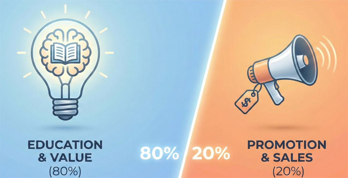 A modern split-screen infographic illustrating the 80/20 content marketing rule. The left 80% section on a blue gradient background features a glowing lightbulb icon containing a brain and an open book, labeled "EDUCATION & VALUE (80%)". The right 20% section on an orange gradient background shows a megaphone icon with sound waves and a dangling price tag, labeled "PROMOTION & SALES (20%)". A dividing line highlights the "80% / 20%" ratio in the center.