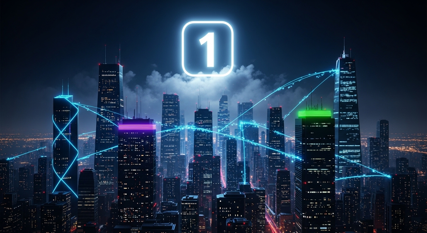 A futuristic city landscape symbolizing the global dominance achieved through digital automation.