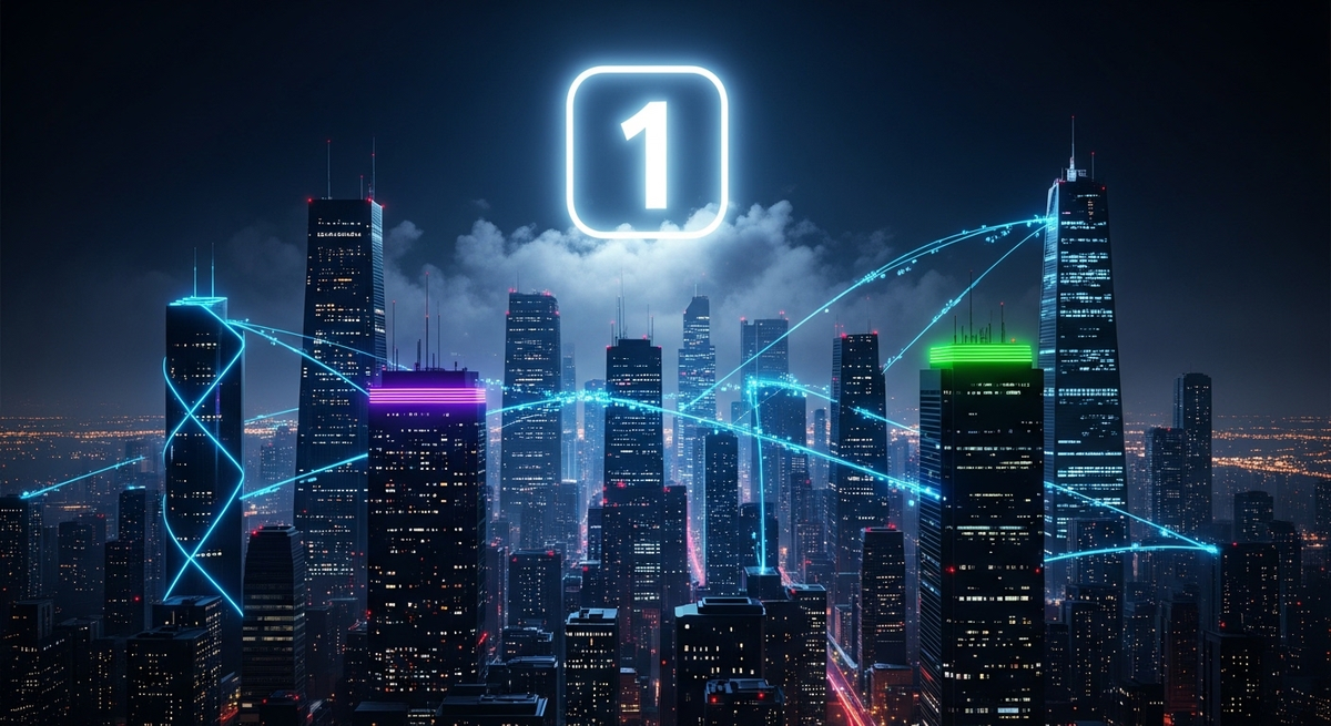 A futuristic city landscape symbolizing the global dominance achieved through digital automation.