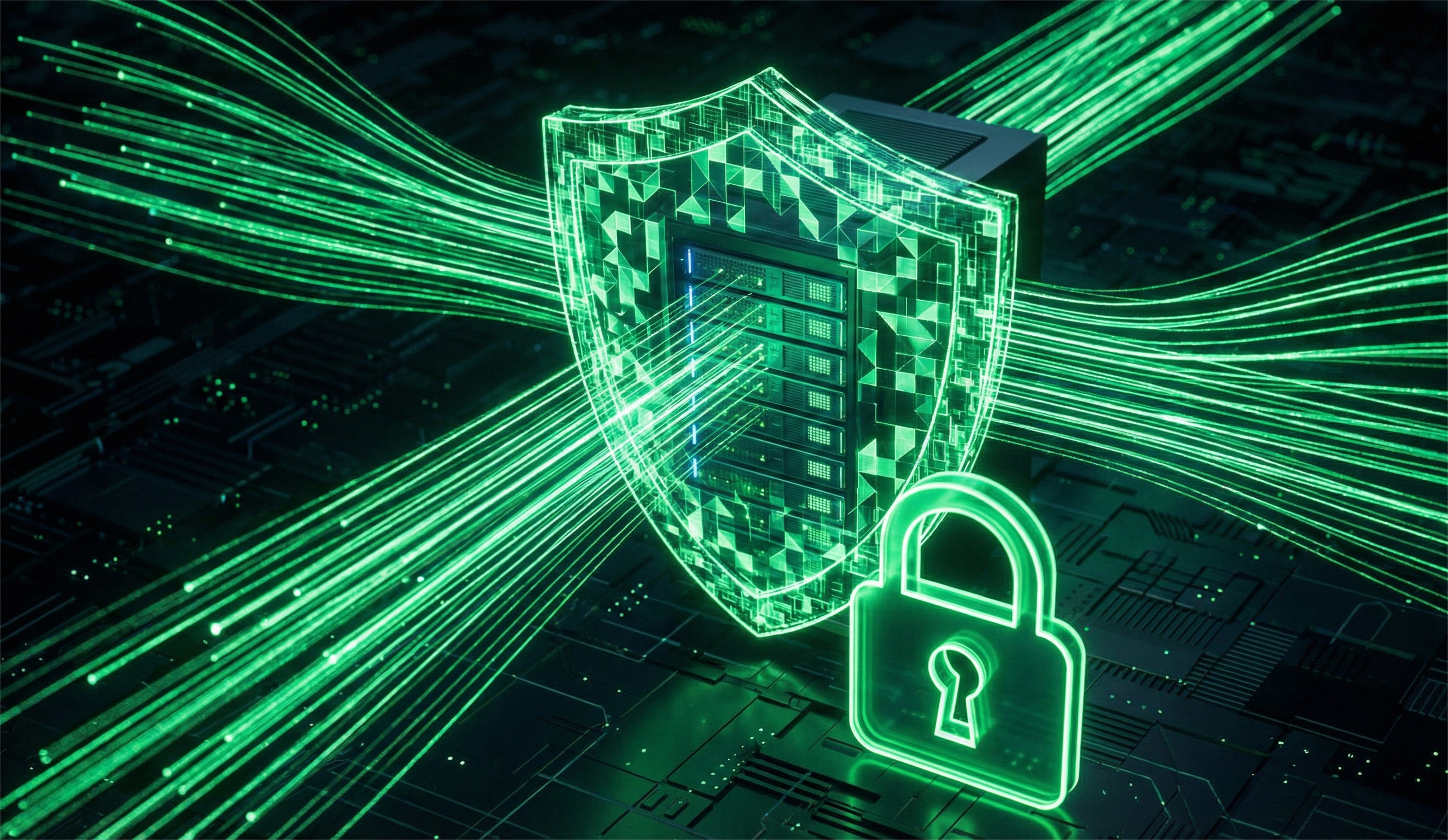 A high-contrast digital illustration showing a glowing green holographic shield protecting a server rack. Numerous green data streams flow securely towards the shield. In the foreground, a large, bright green padlock icon is prominent. The background is a dark, complex circuit board environment.