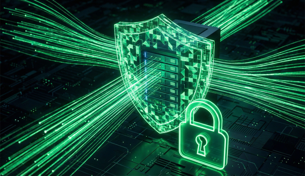 A high-contrast digital illustration showing a glowing green holographic shield protecting a server rack. Numerous green data streams flow securely towards the shield. In the foreground, a large, bright green padlock icon is prominent. The background is a dark, complex circuit board environment.