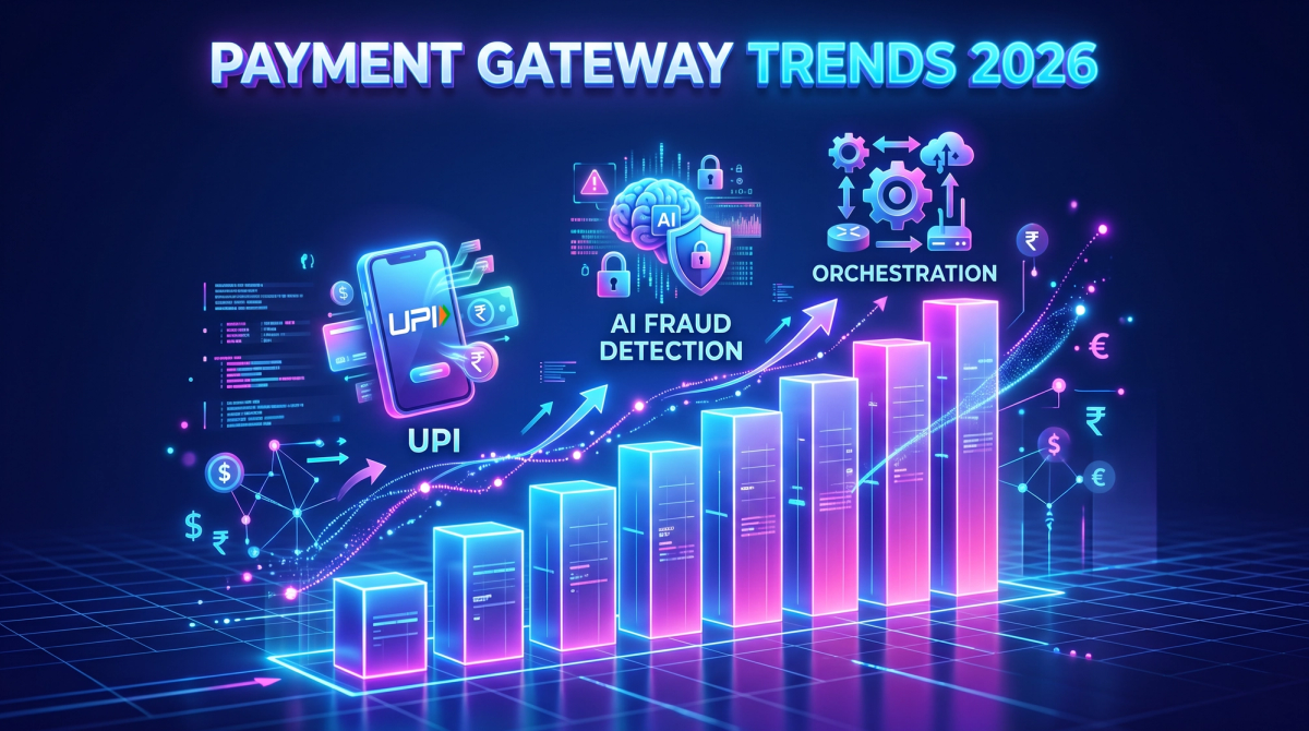 Rising bar chart of digital payment growth with UPI, AI fraud detection and orchestration icons