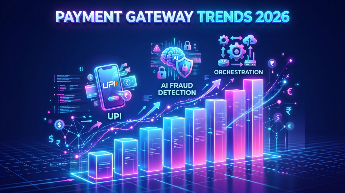 Rising bar chart of digital payment growth with UPI, AI fraud detection and orchestration icons