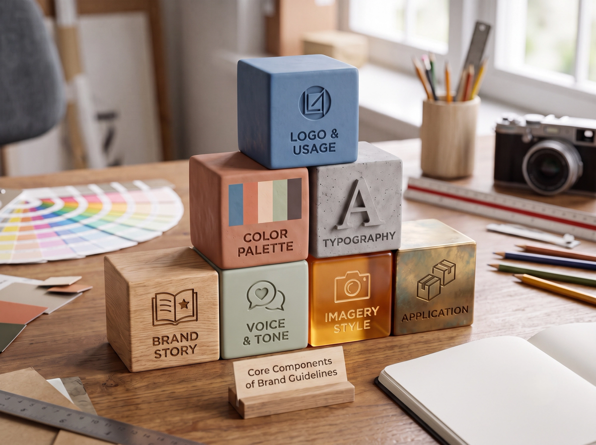 Diagram of brand guideline components: foundation, logo, color, typography, imagery, voice and UI