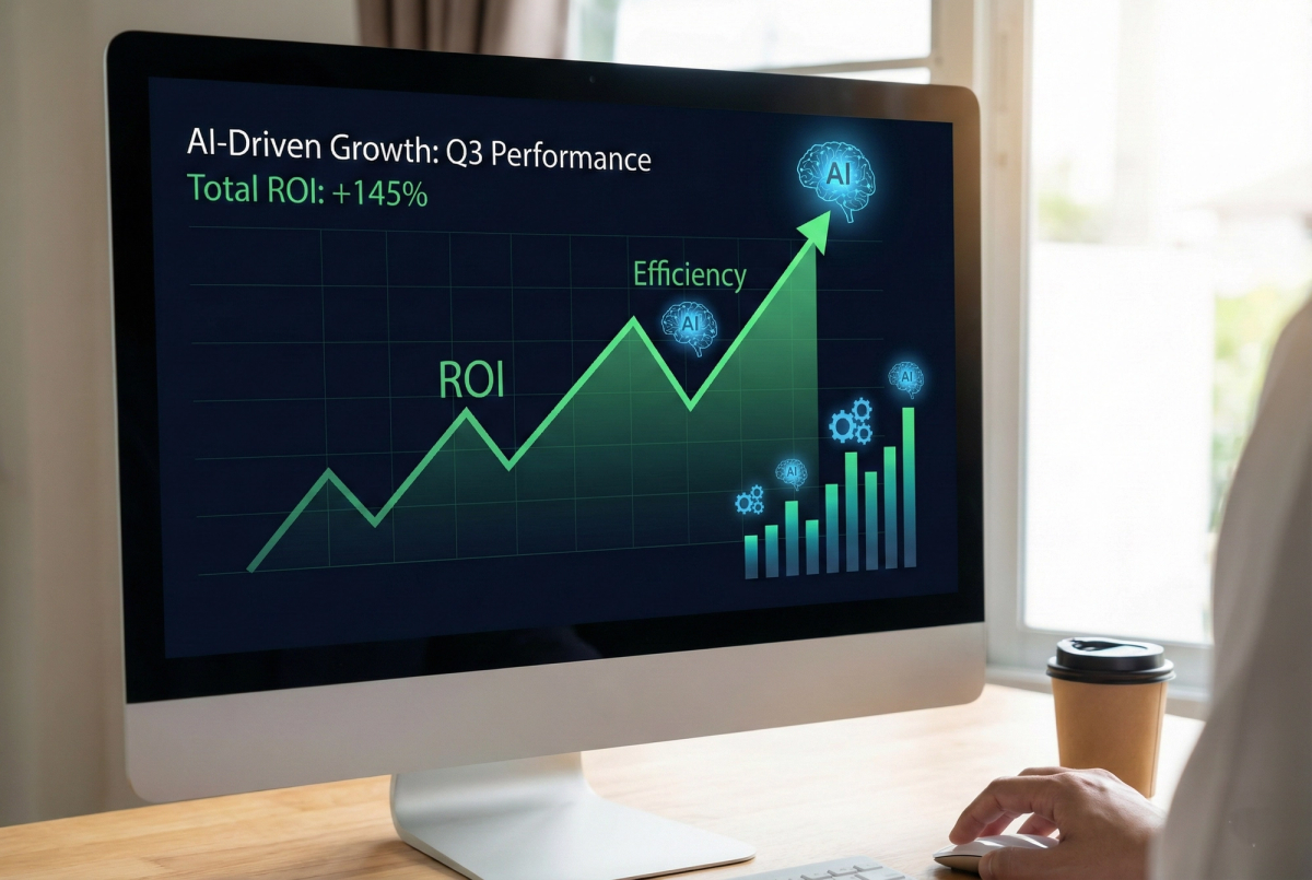 A computer screen displaying a data dashboard with a sharp upward green trend line for "ROI" and "Efficiency," showing "Total ROI: +145%" with integrated AI icons.