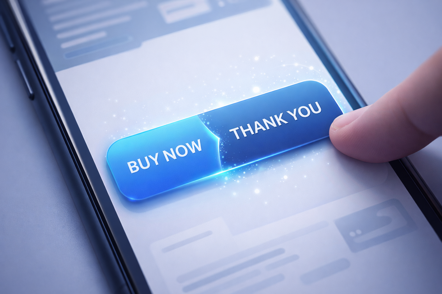 Close-up of a smartphone screen showing a blue “Buy Now” button transforming into a “Thank You” confirmation state as a finger taps the screen, highlighting a smooth UI animation and modern mobile interface design.