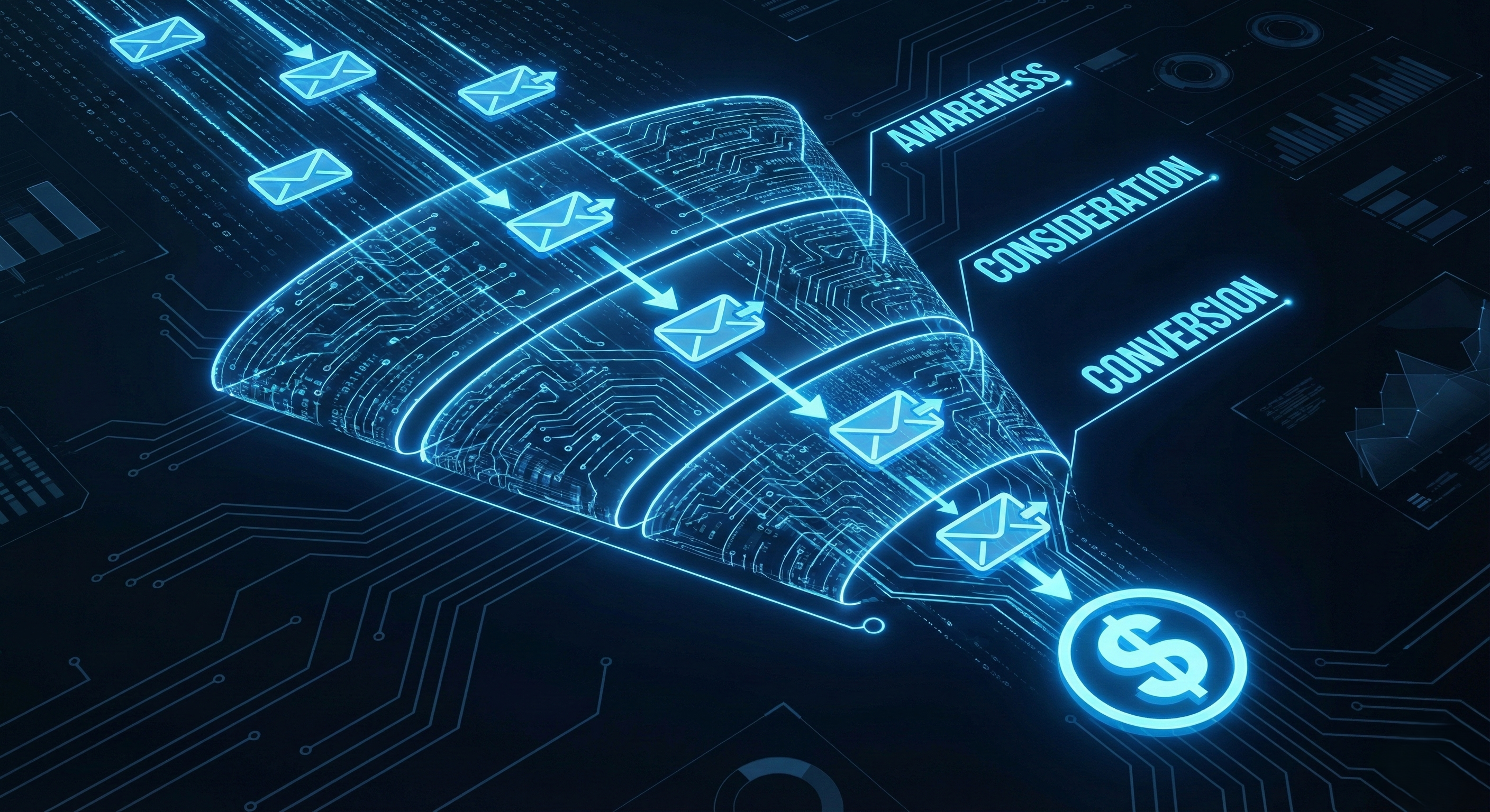 A futuristic digital marketing funnel visualization with glowing blue light, showing email icons flowing through the stages of Awareness, Consideration, and Conversion, culminating in a dollar sign icon representing revenue.