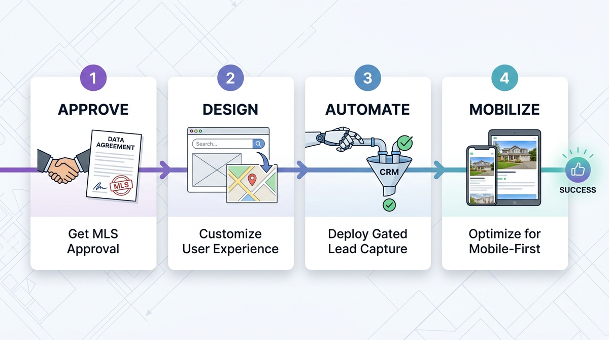 a 4-step process flow infographic by Cinute InfoMedia for no-code IDX integration: 1. Approve, 2. Design, 3. Automate, 4. Mobilize.