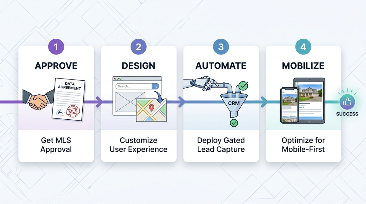 a 4-step process flow infographic by Cinute InfoMedia for no-code IDX integration: 1. Approve, 2. Design, 3. Automate, 4. Mobilize.