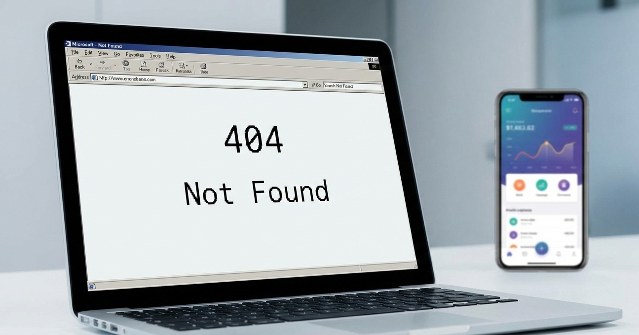A close-up photograph showing a sharp contrast between outdated and modern digital experiences. In the foreground, a laptop displays an old-fashioned, plain white "404 Not Found" error page within a vintage web browser interface. In the background, slightly blurred, a modern smartphone stands upright, displaying a sleek, colorful mobile analytics application with charts and graphs.