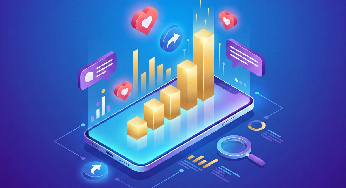 A 3D isometric illustration on a blue and purple gradient background showing a smartphone with a glowing screen from which a golden bar chart is rising. Floating around the phone are icons representing social media engagement, including heart symbols for likes, speech bubbles for comments, and arrow icons for shares. Below the phone are data visualization elements and a magnifying glass, indicating analysis.