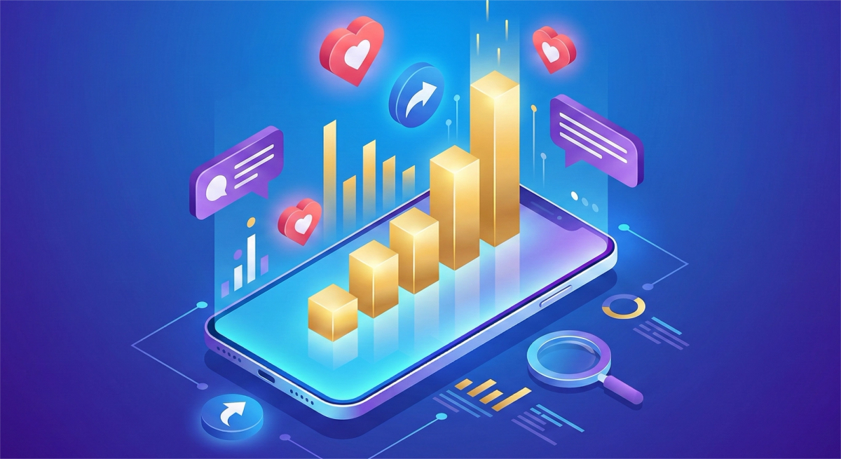 A 3D isometric illustration on a blue and purple gradient background showing a smartphone with a glowing screen from which a golden bar chart is rising. Floating around the phone are icons representing social media engagement, including heart symbols for likes, speech bubbles for comments, and arrow icons for shares. Below the phone are data visualization elements and a magnifying glass, indicating analysis.